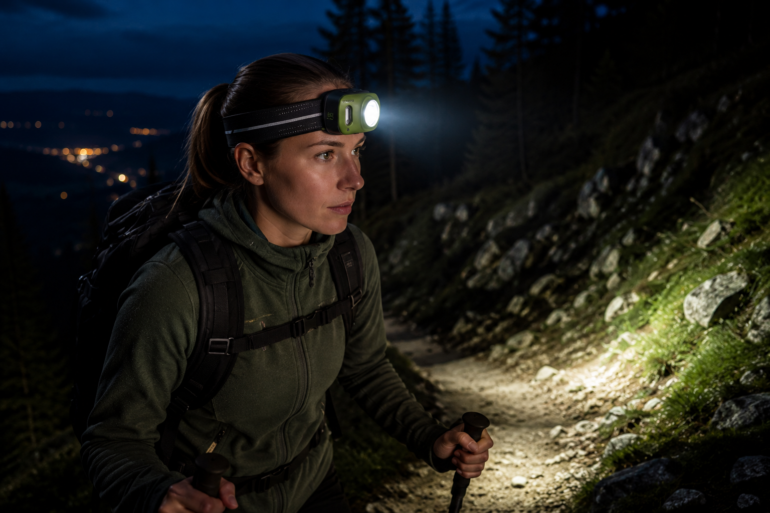 LED-Stirnlampe bei einer nächtlichen Wanderung
